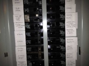 Here are circuit breakers in a main circuit panel box.