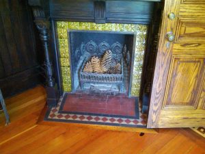 A fireplace in the Beringer Mansion.