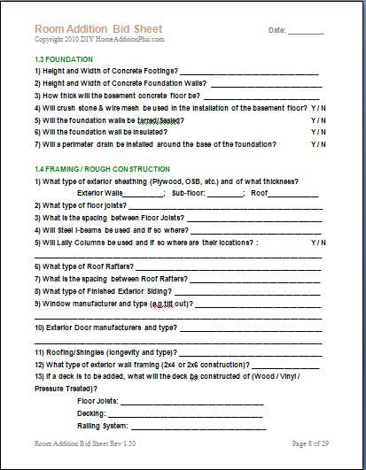 Sample Page of Room Addition Bid Sheet